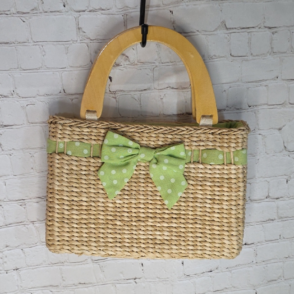 Vintage Woven‎ Straw Tote Bag | Wood Handles | Lime Green Bow Coastal Grandma